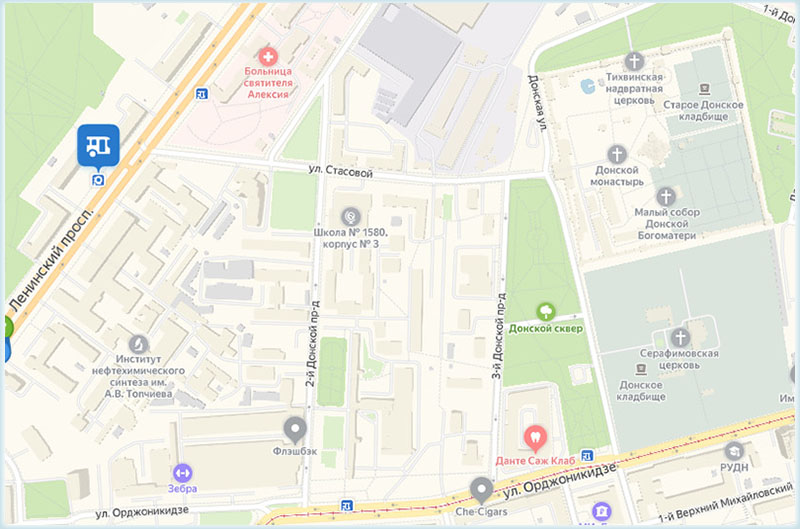 Остановка «Улица Стасовой» и Донская обитель на карте Москвы